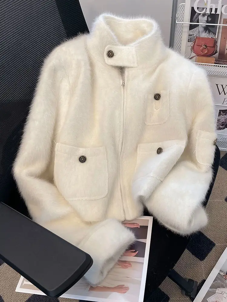 

Женское мягкое теплое пальто с воротником-стойкой и длинными рукавами, корейская версия, модное ретро осенне-зимнее утолщенное короткое стильное пальто