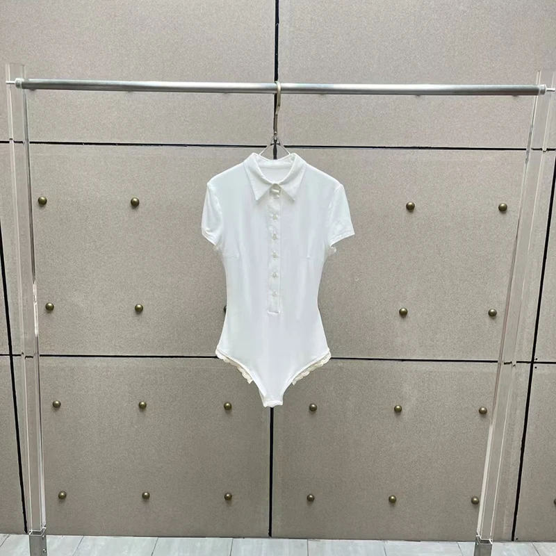 

Women's lace-trimmed collar jumpsuit, short-sleeved fitted white top, high-quality versatile T-shirt, autumn, new style, 2025