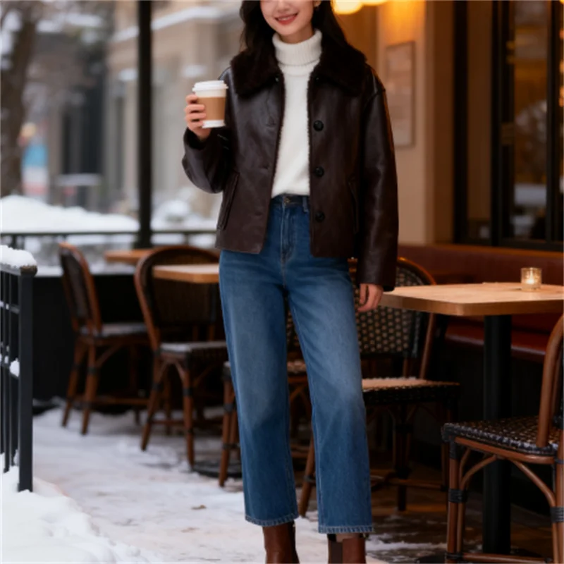 2025 Fall/Winter Hot Fashion Elegant High Street Reversible Faux Leather Luxurious and Refined Jacket