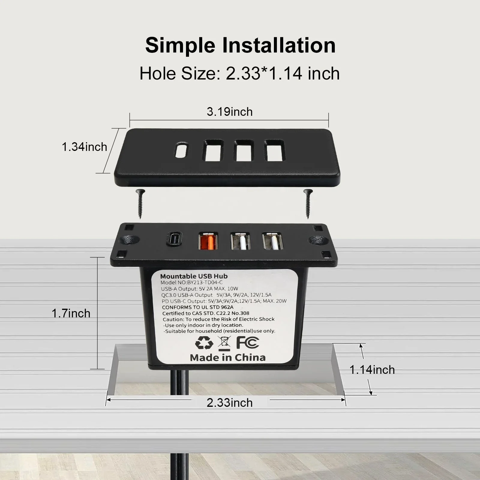 Enchufe de concentrador USB C alimentado, toma de corriente USB C empotrada con carga rápida, 4 puertos USB, 20W, montado en la cama, escritorio, mesa, sofá fac