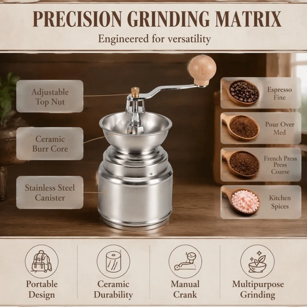 Stainless Steel Manual Coffee Grinder Conical Grinding Mechanism Adjustable Pepper Grinder Compact Portable Coffee Mill Home Use