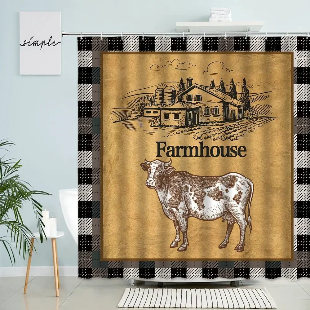 Country Farm Cattle Shower Curtain Animal Poultry Lattice Retro Rustic Farmhouse Barn Bathroom Decor Waterproof Polyester Screen