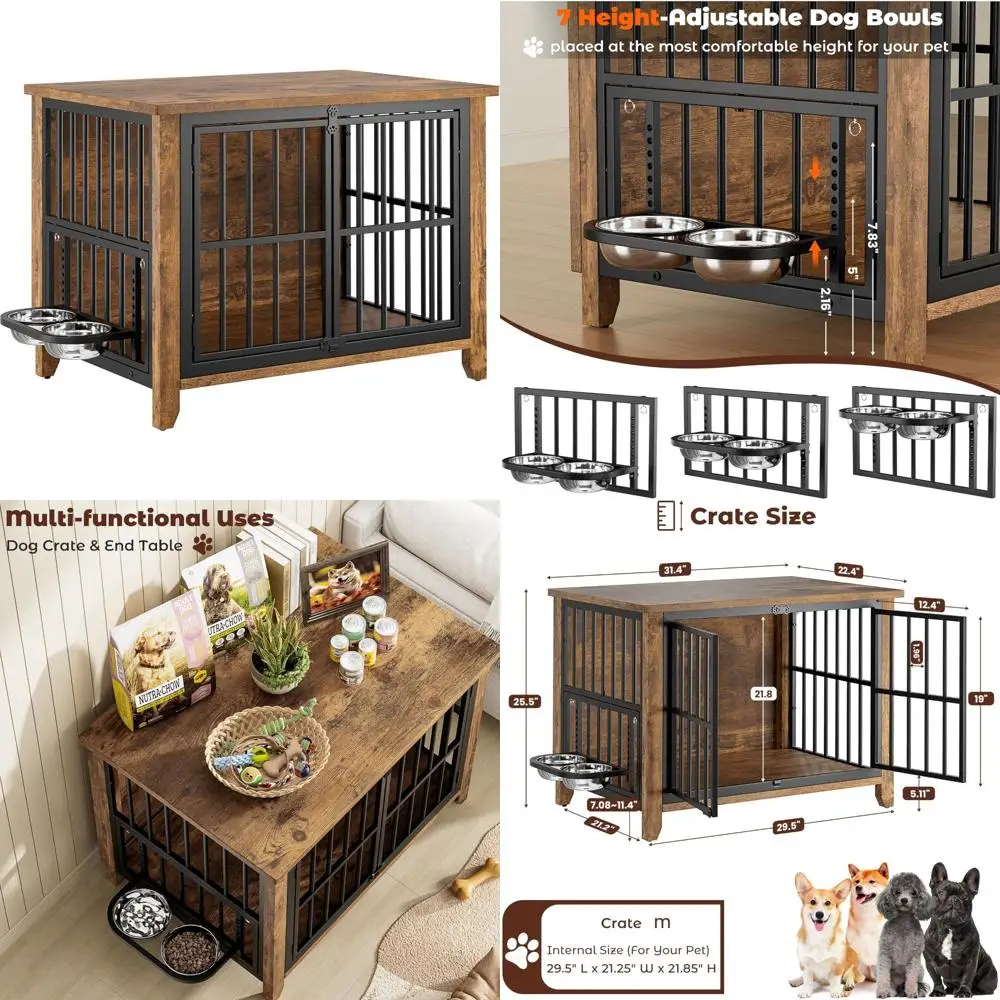 

Деревянная домашняя питомник для собак с 360° ° Регулируемые и регулируемые по высоте миски для собак, ящик в мебельном стиле с двойной дверью