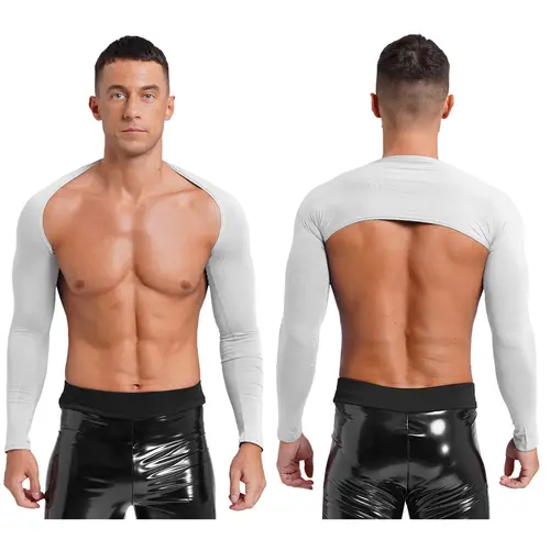 Men Open Front Half Crop Top Solid Long Sleeve Cardigan Bolero Shrug Tops Muscle Arm Sleeves Workout Sports Gym Tops Clubwear - Image 24