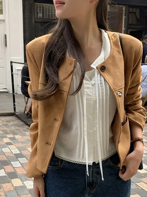 Koreaanse Sle ort Suede Jaet dames chique zeemeerminjas met enkele knop, trendy losse pasvorm, normaal dun dagelijks gebruik