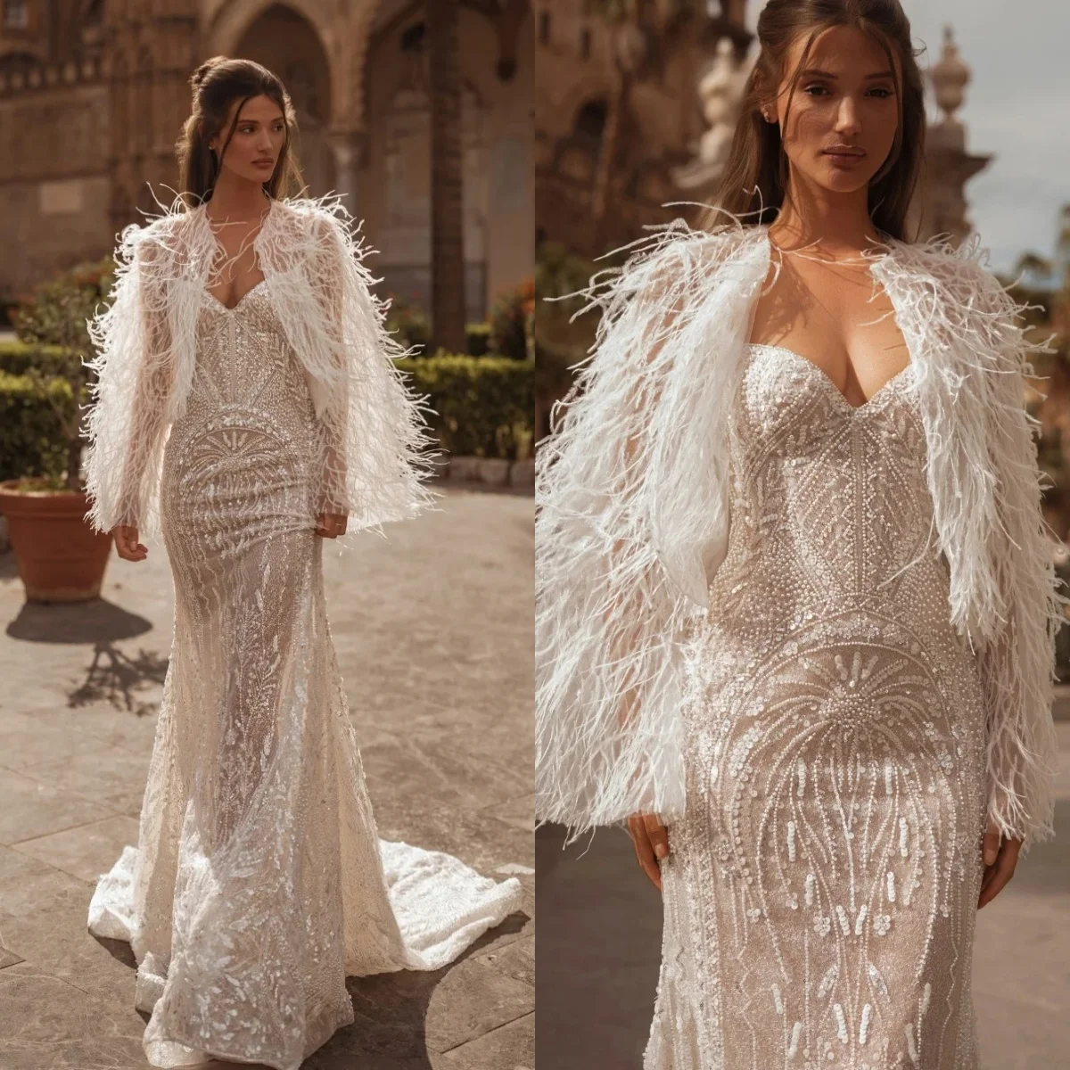 우아한 웨딩 드레스 스팽글 비즈 장식 인어 신부 가운 케이프 깃털 스파게티 스트랩 맞춤형 베스티도스 데 노비아