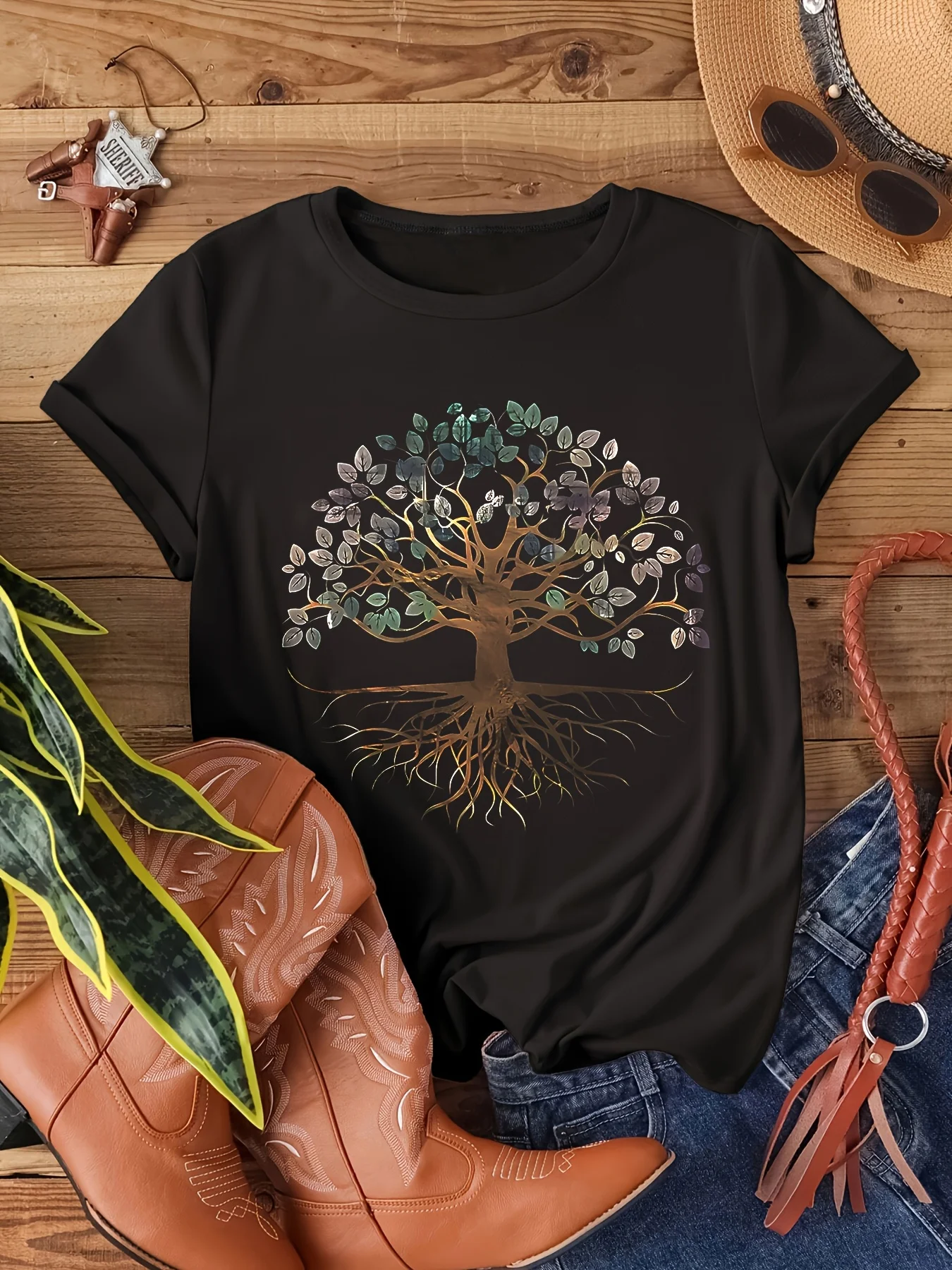Women's Tree of Life Print Casual Crew Neck Short Sleeve T-Shirt 90s Vintage Style Tees Tops Casual Fashion Tshirt Clothes 2000s