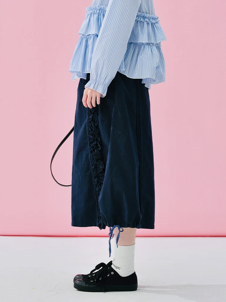 Elegante falda midi plisada azul marino Diseño único en forma de brote Ideal para reuniones casuales Exuding Charming Temperame 244966