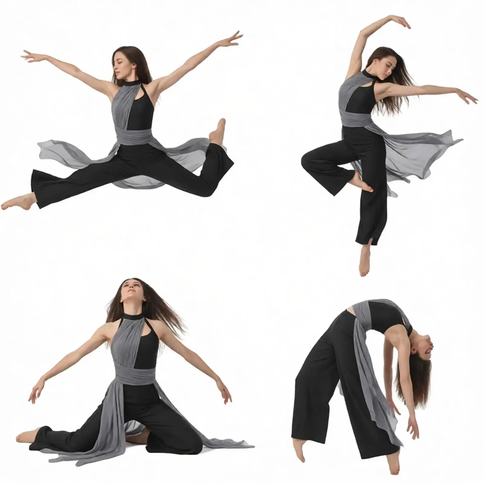 Women Gymnastics Artistic Figure Skating Costume Ballet Lyrical Dance Jumpsuit Dress Ruched Draped Mesh Split Wide Leg Rompers