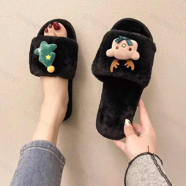 2025 New Christmas Elk Cotton Slippers for Women Men Winter Cute Cartoon Home Non Slip Couple Floor Slides Slip-on Plush Shoes