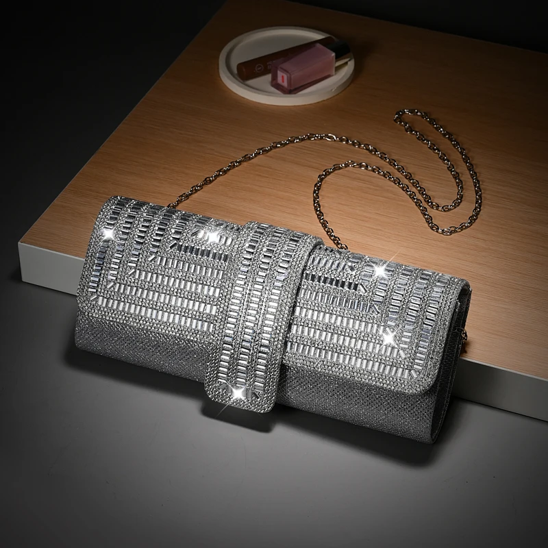 

Luxury Women's Clutch Purse Silver Rhinestone Sparkling Crystal Evening Handbag Handmade Bridal Wedding Party Prom Handbags