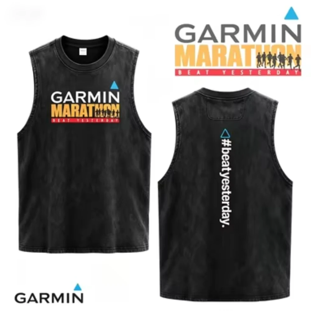 2026 Men Vintage Marathon Running Graphic Tank Top Washed Black Crew Neck Sleeveless Tee Retro Fitness Streetwear Cotton Vest