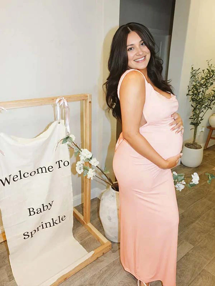 Backless Maternity Photoshoot Dress Soft Pink Slim Maxi Pregnancy Gown Gender Reveal Baby Shower Maternity Photography Prop Plus