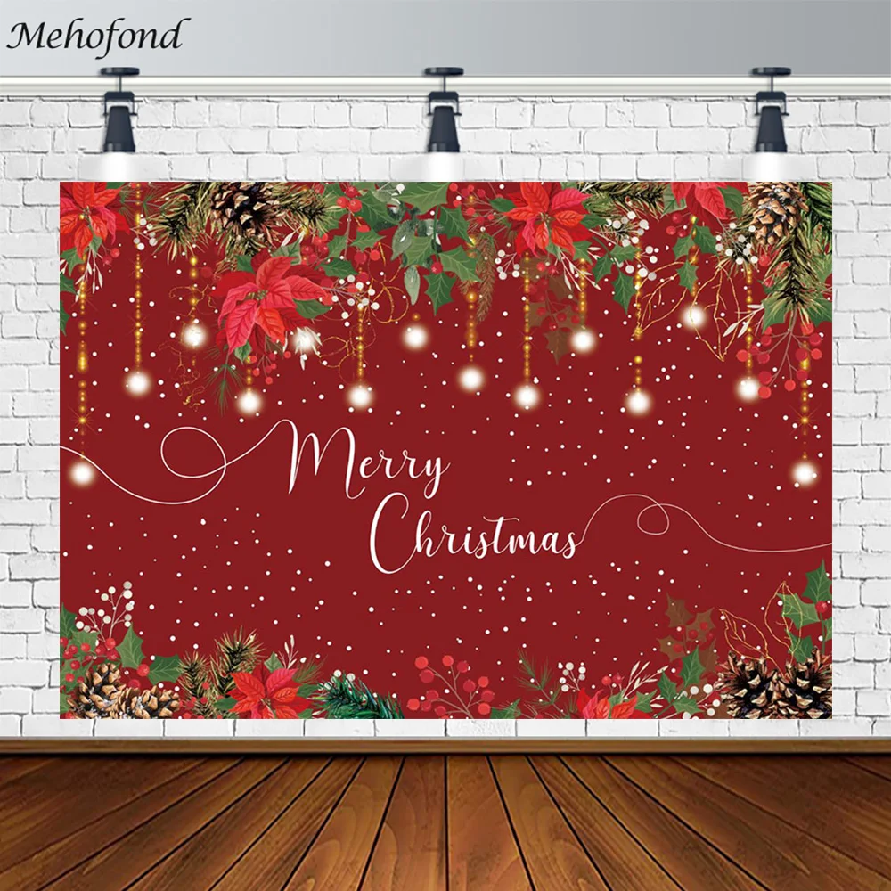 Merry Christmas Backdrops Floral Red Background for Photography Flowers Hang Lamp Ball Decoration Party Posters Photo Studio