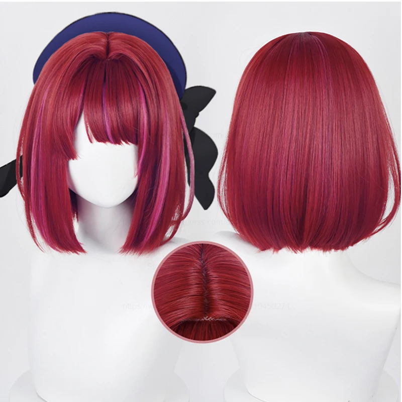 

Oshi No Ko Arima Kana Cosplay Wig 30cm Short Bobo Wig Red Mixed Pink Heat Resistant Synthetic Hair Anime Cosplay Wigs + Wig Cap