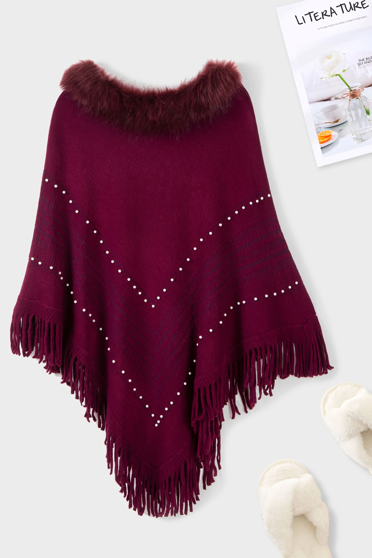 

Winter new European and American celebrities solid color beaded fashion fur cloak shawl scarf set women