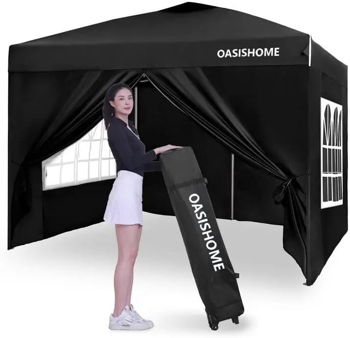 

OASISHOME Выдвижная беседка Мгновенная портативная палатка с навесом размером 10 x 10 дюймов, с 4 боковыми стенками, окнами, сумкой на колесиках, для патио/наружного/свадьбы