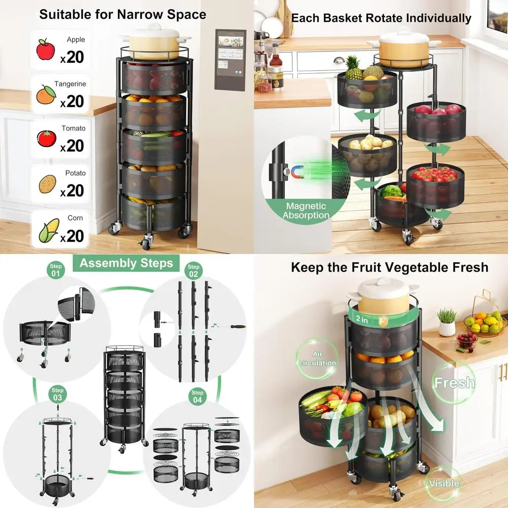 

5-Tier Rotating Kitchen Storage Rack with Lid, Large Metal Wheels, Black