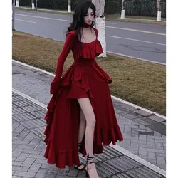 HOUZHOU Women Elegant Long Sleeve Midi Dresses Female Red Square Collar Sexy Ruffle Party Dress Christmas Irregular Prom Dress