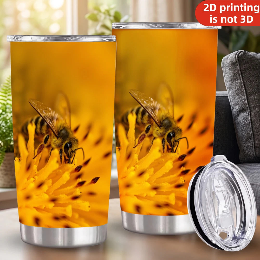20oz Honey Bee Printed Stainless Steel Tumbler with Lid and Straw, Macro Yellow Flower Pollen Garden Nature Vacuum Insulated Travel Coffee Mug Gifts for Bee Lovers