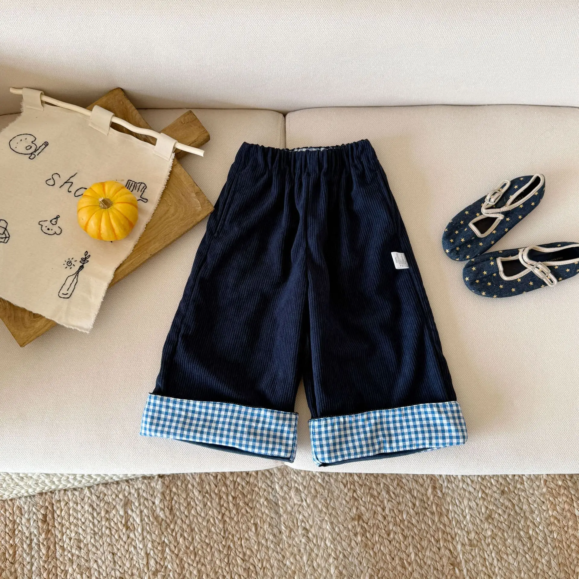 

Новая осенняя детская одежда для детей 0-3 лет, прямые брюки в клетку, темно-синие вельветовые брюки.