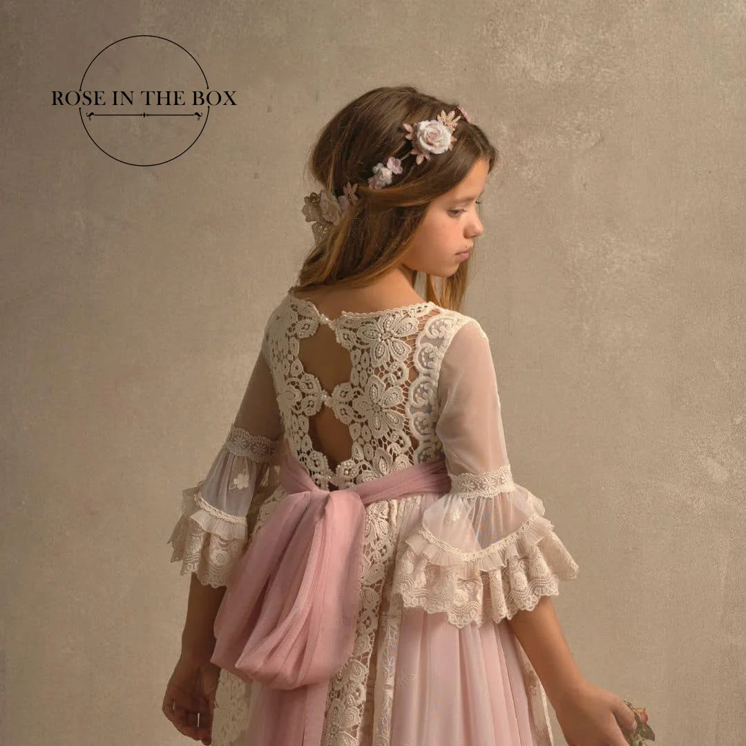 Customized Communion Dresses With Sleeves Kids Lace Tulle Fluffy Floor Length Flower Girl Princess Dresses For Weeding Party