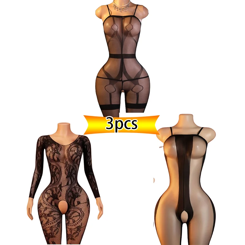 3-Piece Set: Sheer Mesh Lingerie Bodysuit – Featuring a Sexy Cut-Out Open-Crotch Design; A Must-Have for a Steamy Date Night.