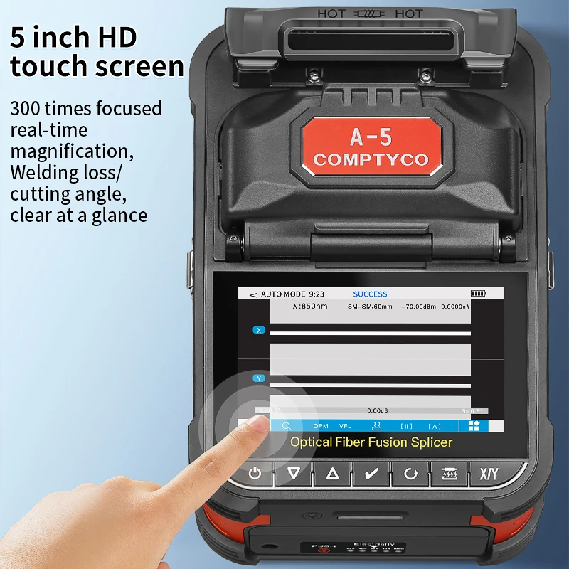 

HotCOMPTYCO A-5 Optical Fiber Welding Machine with OPM and VFL 5 inch Touchscreen 6 motors 7800mAh Fiber Optic Fusion Splicer