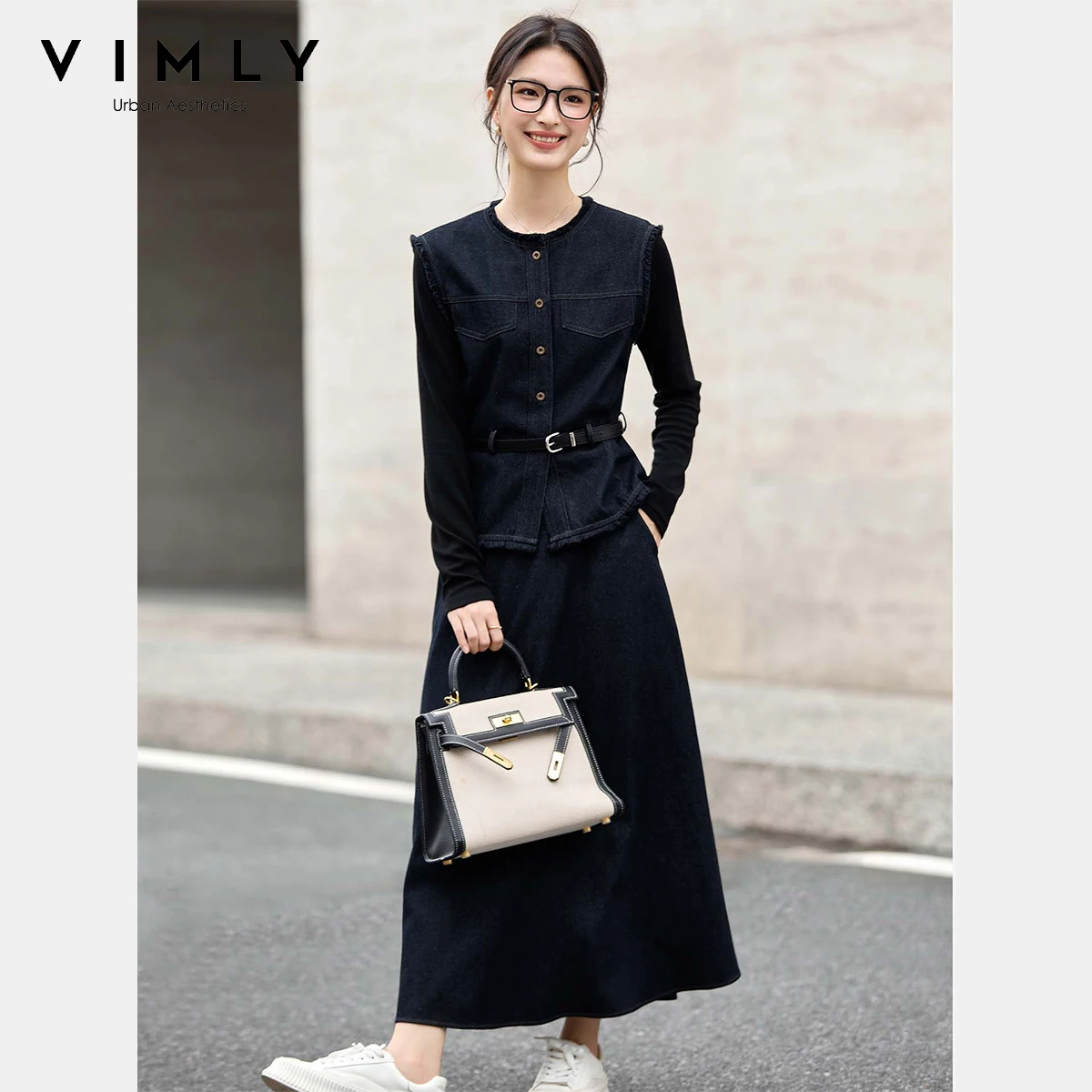 

VIMLY Women 3 Piece Sets Fall 2025 Vintage Denim O-neck Ruffles Belt Vest Long Sleeve Top A-line Midi Skirt Elegant Outfit A2813