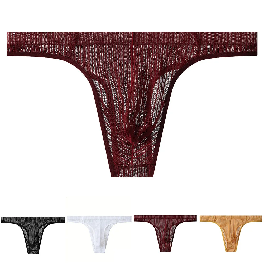 Men's See Through Mesh Thong Underwear Burgundy Striped Sheer G String Low Rise Breathable Transparent Sexy Briefs For Male
