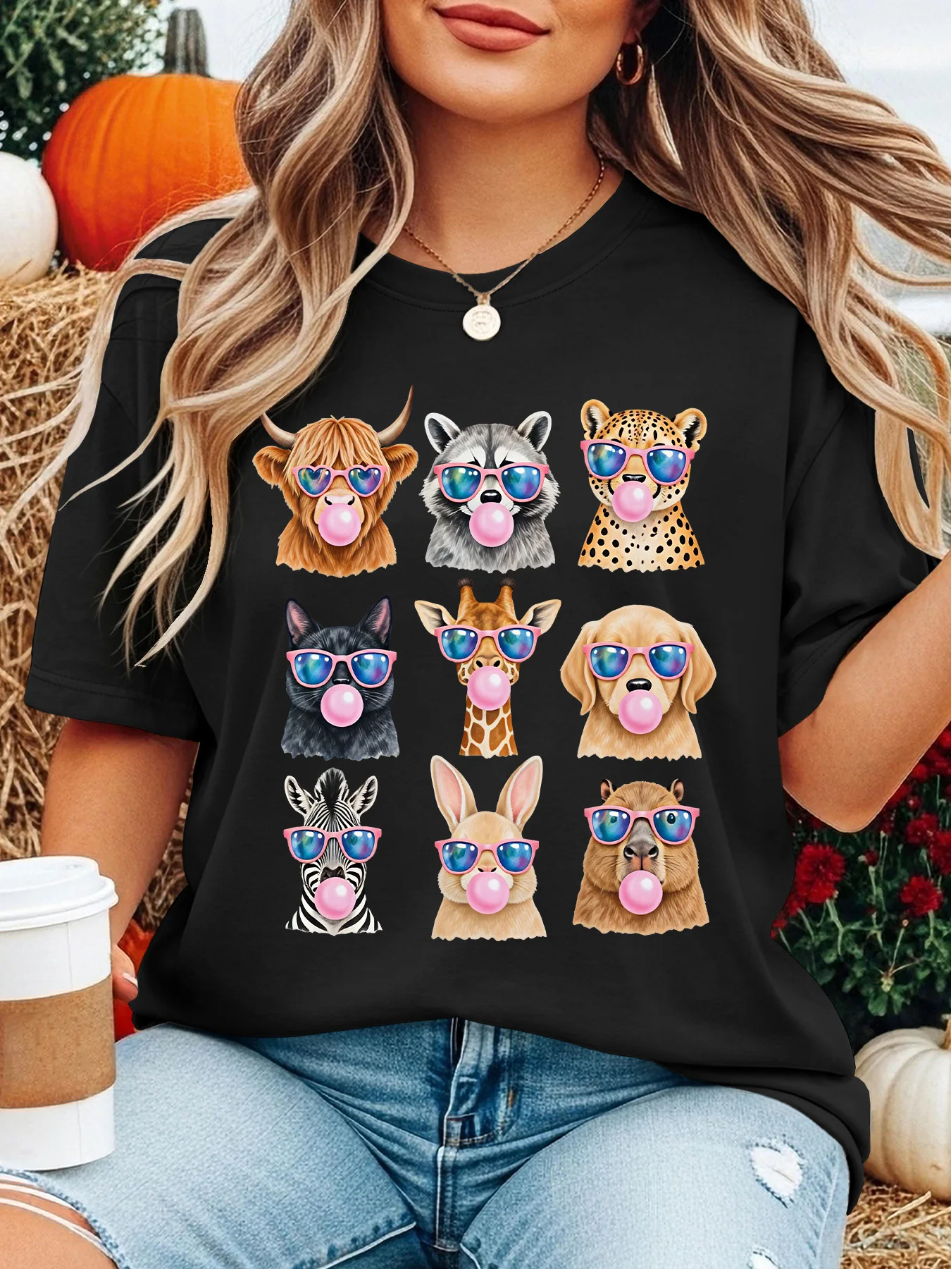 Women Crew Neck Tee Stylish Duck Leopard Sunglasses Graphic Print Short Sleeve Loose Ladies Summer Cotton Plus Size Casual Top