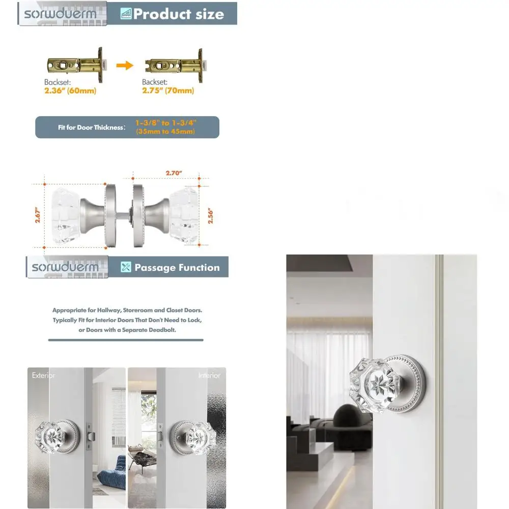 

Дверные ручки из 2 хрустальных стеклянных дверей из матового никеля для проходных дверей зала и шкафа