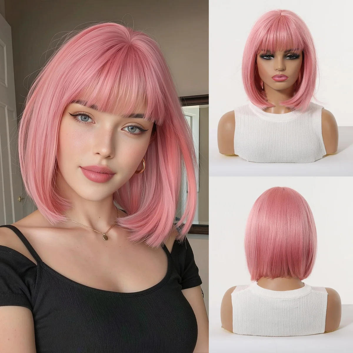 

Pastel Pink Short Bob Wig with Bangs Silky Synthetic Hair Heat Resistant Fiber Natural for Women Daily Party Cosplay Use