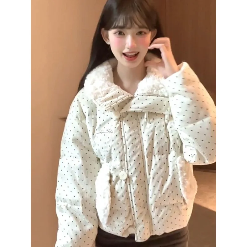 Women's Models Fall Winter Coat Blouse Zipper Buttons Hair Collar Polka Dot Sweet Cute Loose Warm Fashion Design Sense New Soft