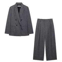 Willshela Women Fashion 2 Piece Set Grey Double Breasted Blazer & Vintage Front Zipper Full Length Trousers Feamle Pants Sets