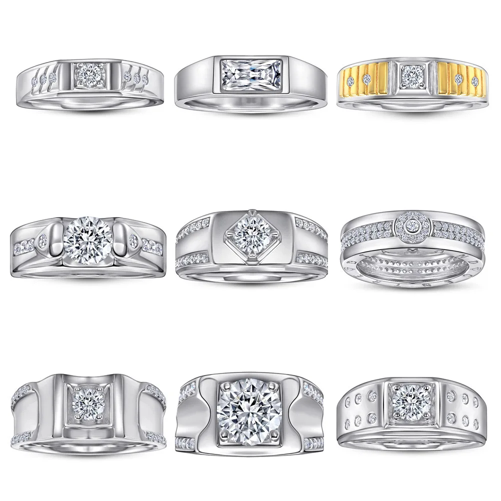 

S925 pure silver plated 18K gold PT950 platinum men's wide face gemstone ring with high-end diamond ring hip-hop men's ring