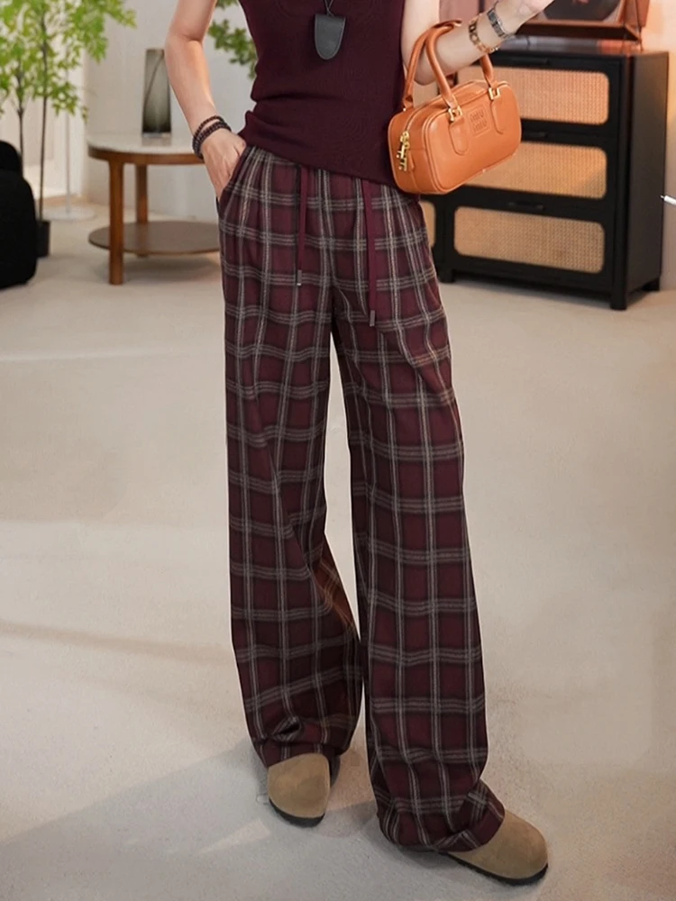 

High Waist Plaid Wide Leg Pants Women's Spring Autumn Loose Straight Cut Slimming Floor Length Trousers Comfortable Casual