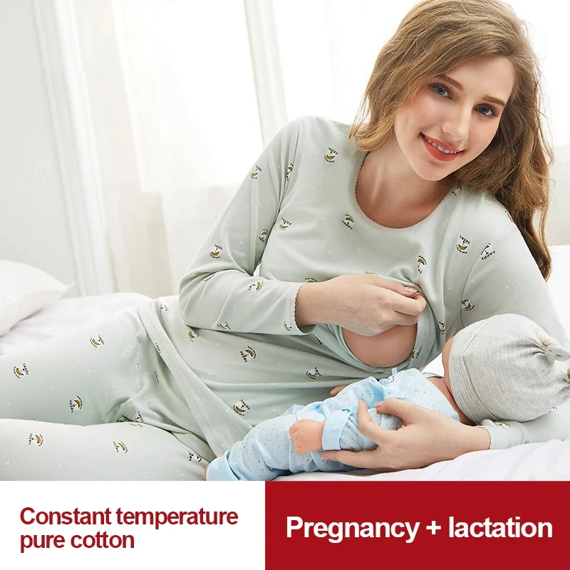 2Pcs Set Nursing Nightgown Pregnant Women Pajamas Long Sleeve Pregnant Maternity Sleepwear
