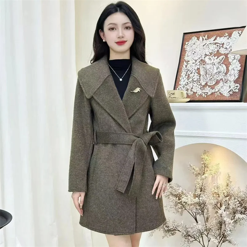 سترة صوفية عصرية للسيدات ذات وجهين للربيع والخريف بأكمام طويلة ملابس خارجية كورية للسيدات معطف متوسط الطول غير رسمي #1