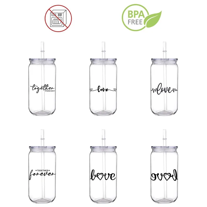 

3D DIY Love Black Letter Design Printed Transfer BPA Free Plastic Straw Cup Comes With Sreaw And Cup Lid Can Milk Coffee 16 OZ 3