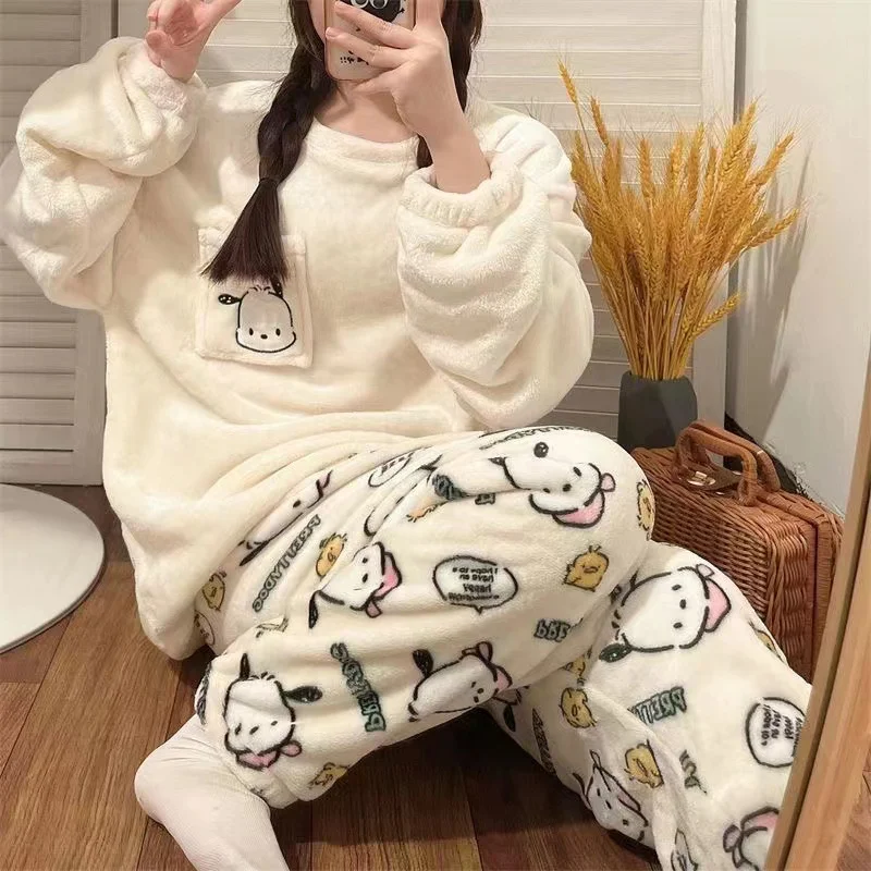 Sanrio Anime Cinnamoroll Pijama Anime para Meninas, Kawaii, Kuromi, Minha Melodia, Pulôver De Flanela, Veludo Coral, Homewear Quente, Presentes De Inverno