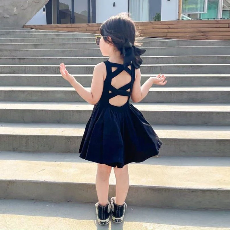 2024 Summer Girls Elegant Goth Dresss Black Sleeveless Tutu Dress Backless Off Shoulder Party Kid Dresses 2 4 5 6 7 8 Years Old