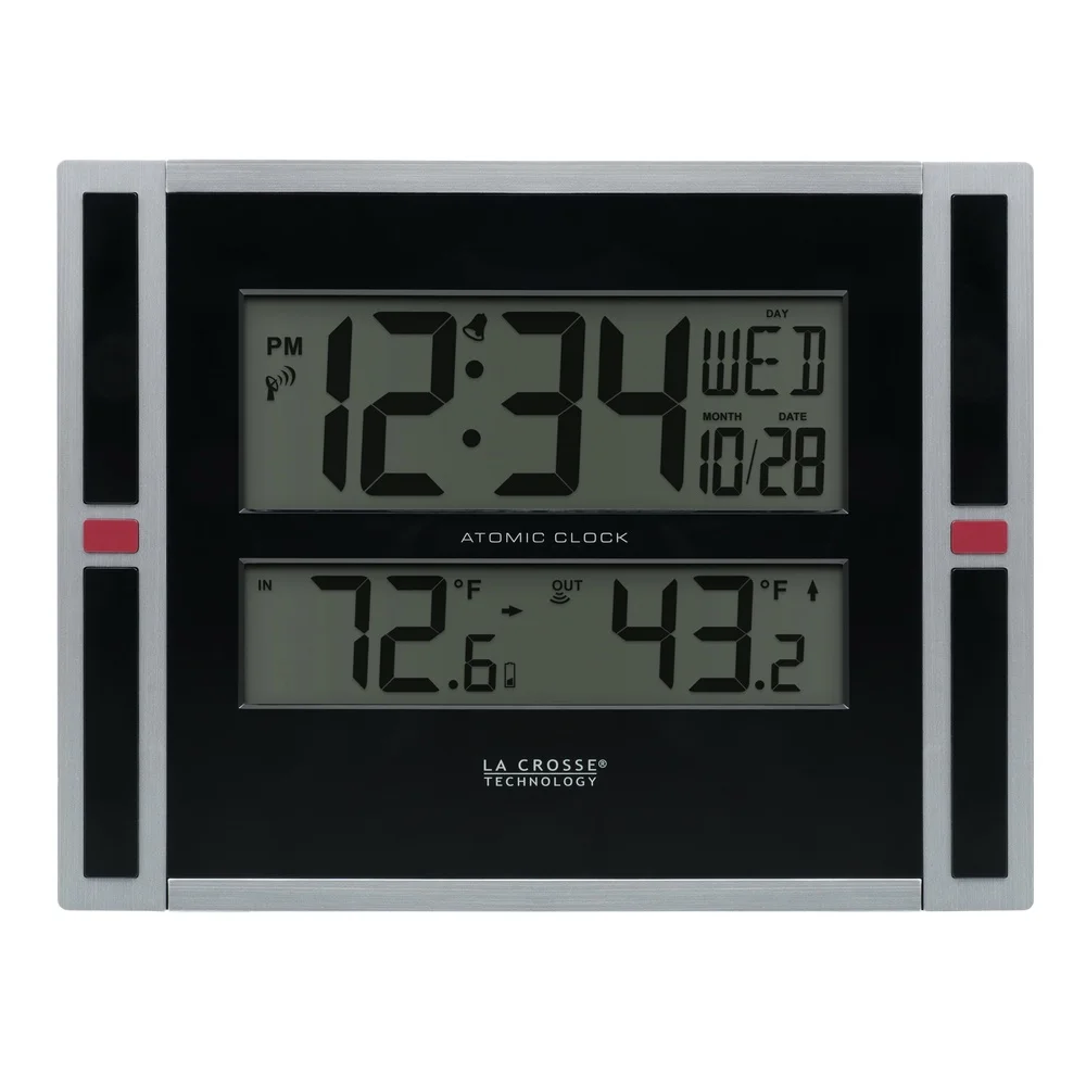 

Modern Atomic Digital Tabletop Wall Clock with Temperature Alarm Calendar Indoor Outdoor Battery Operated Silver Black Design