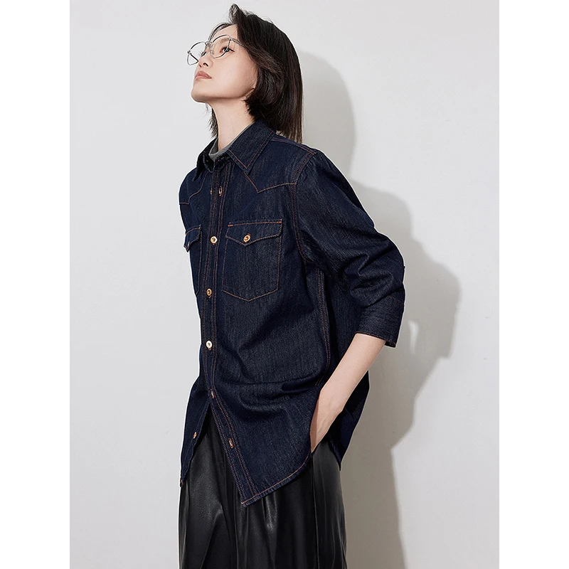 TOYOUTH Women Denim Blouse Shirt 2024 Autumn New Long Sleeved Turn Down Collar Steetwear Fashion Shirt Tops