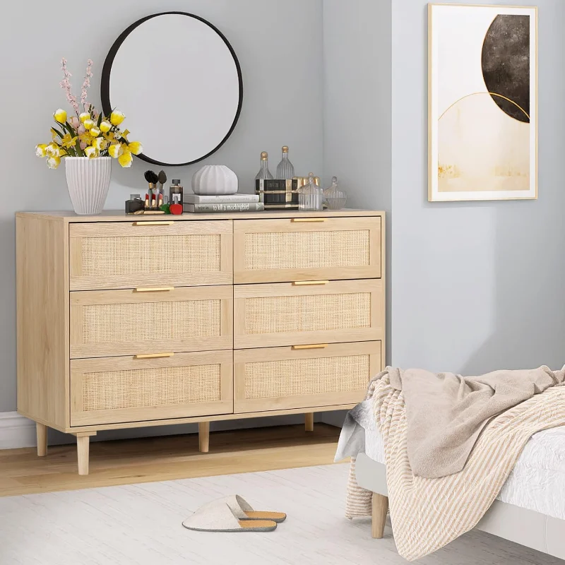 6 ลิ้นชัก Dresser หวาย Dresser โมเดิร์นหน้าอกลิ้นชัก,ไม้ Closet Dressers ลิ้นชักสําหรับห้องนอน,ห้องนั่งเล่น,