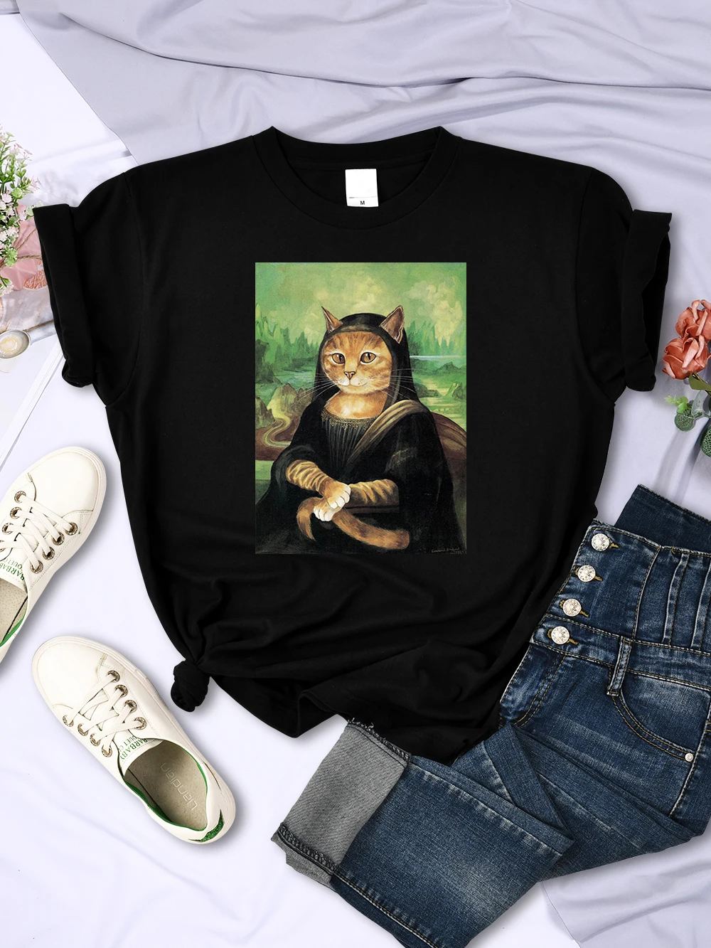 Vintage Painting Monalisa Orange Cat Print T-Shirts Women Casual Summer Tops Casual T-Shirt Fashion Crewneck T Shirt Men New