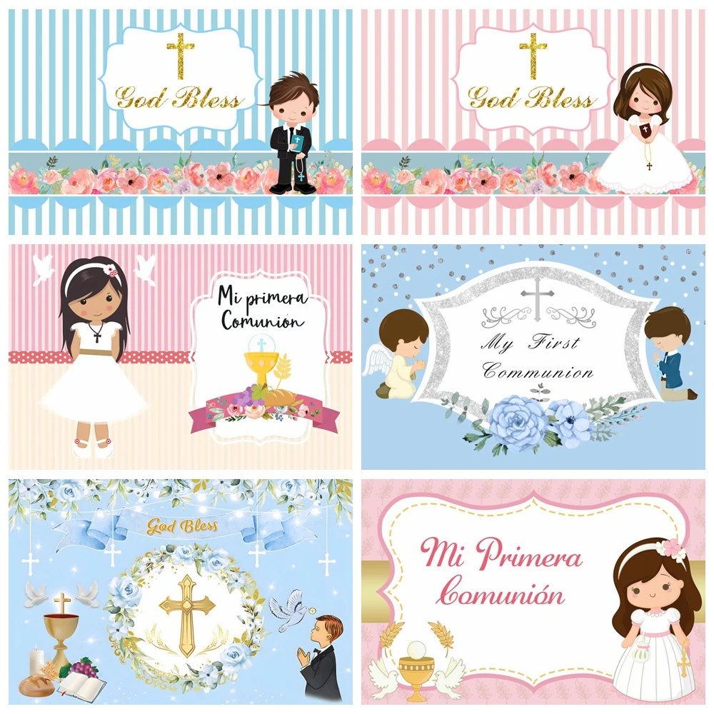 

Boy Girl First Communion Backdrop Decor Gold Cross Grail God Bless Photography Background Studio Baptism Christening Banner Prop