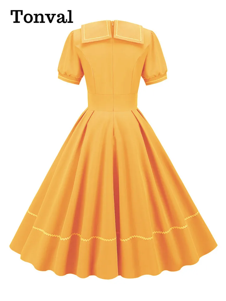 Tonval 선원 칼라 짧은 소매 빈티지 스타일 높은 허리 스윙 드레스 여성을위한 우아한 블루 이브닝 가운 Pleated 드레스