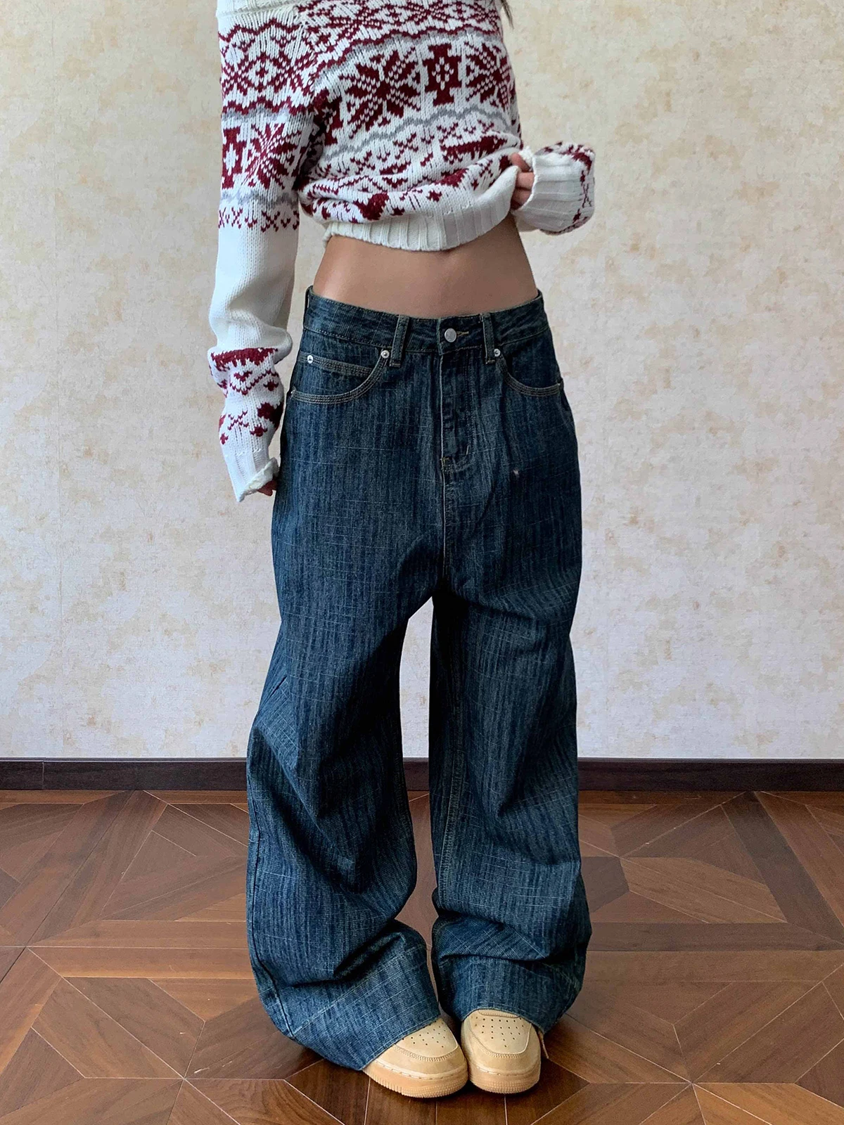 

Aket American Sle Джинсовые брюки с высокой талией и текстурой бамбука Женские винтажные широкие брюки длиной до пола Cleanfit