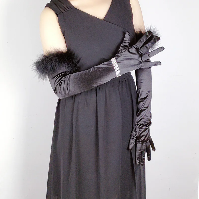 Women Cuff Feather Satin Spandex Elastic Long Full Finger Wedding Etiquette Dress Glove Makeup Party Perform Dance Mitten E43